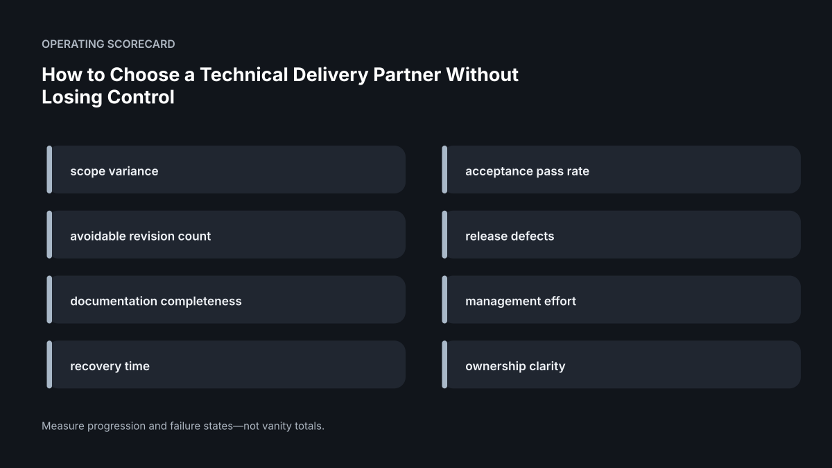 Operating scorecard for How to Choose a Technical Delivery Partner Without Losing Control of Your Systems