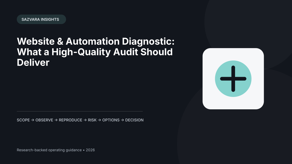 Website & Automation Diagnostic: What a High-Quality Audit Should Deliver — Sazvara editorial illustration