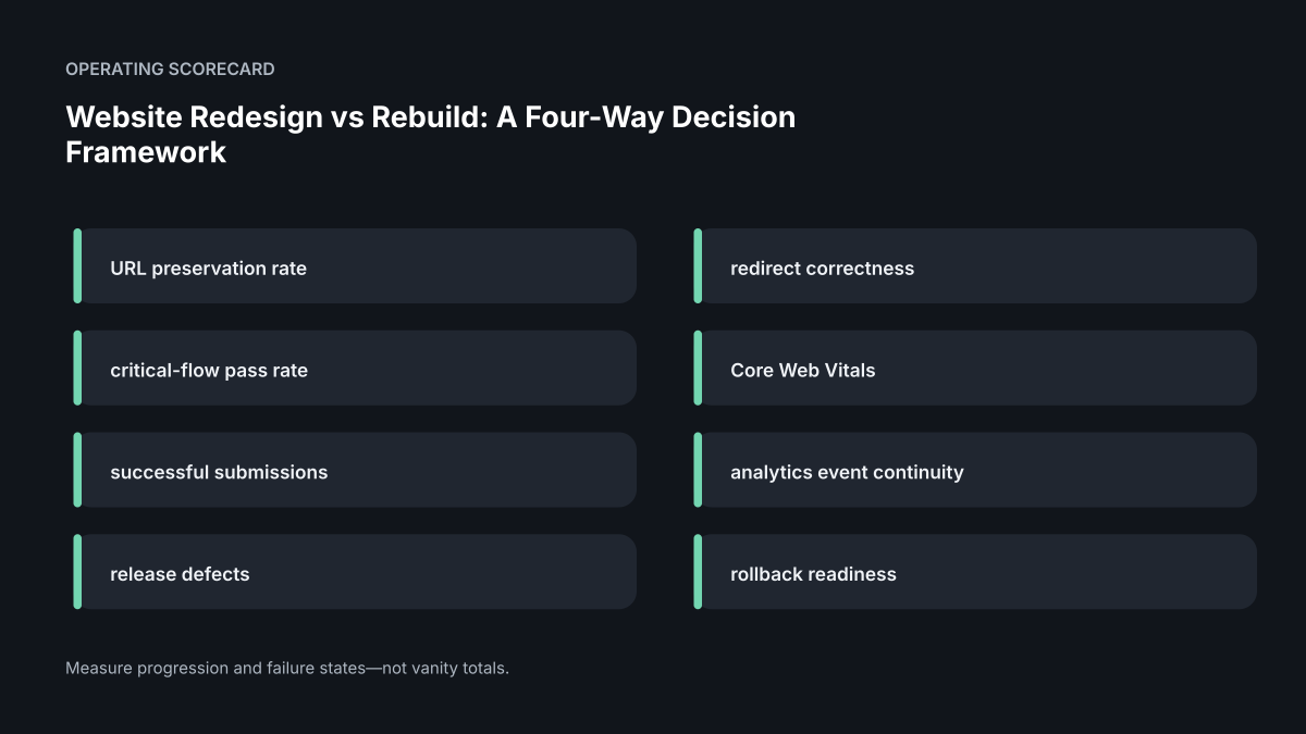 Operating scorecard for Website Redesign vs Rebuild: The KEEP / RESKIN / RESTRUCTURE / REBUILD Decision